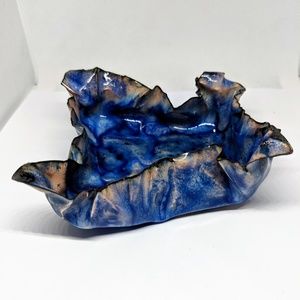 Handcrafted Form Folded Blue Enameled Trinket Tray